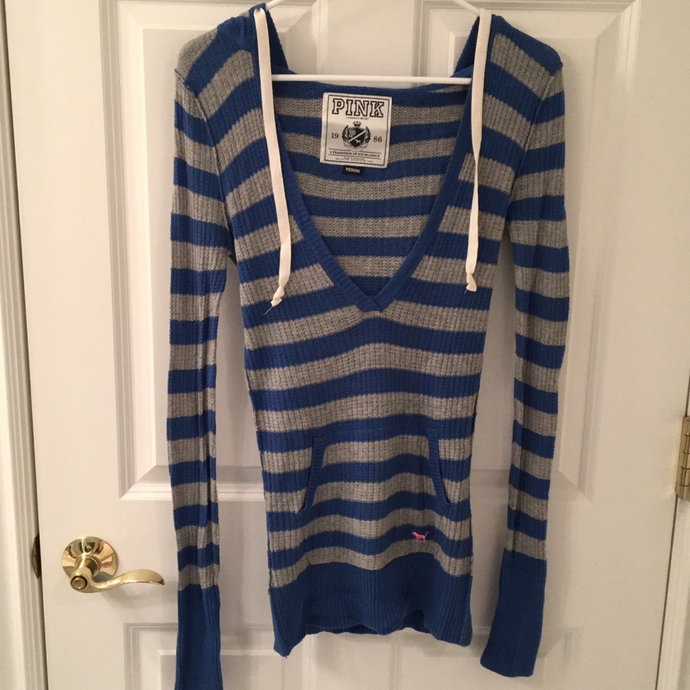 VS PINK Blue and Grey Striped Hooded Sweater